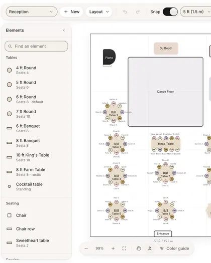 Altessa Layout Builder with the table palette beside a reception floor plan of round tables