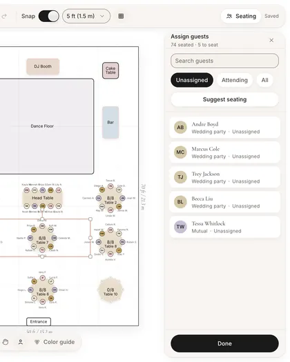 Altessa Layout Builder with Table 7 selected and the Assign guests panel listing five unseated guests