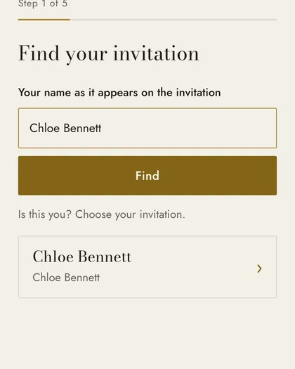 Wedding website RSVP on a phone, finding a guest’s invitation by name
