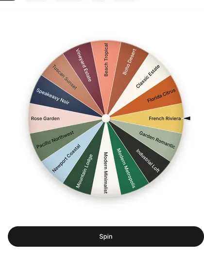 Altessa Style Studio wheel of wedding styles such as Garden Romantic, French Riviera and Rose Garden